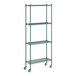 A Regency green metal wire shelving unit with wheels.