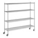 A Regency stainless steel wire shelving unit with wheels.