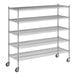 A Regency chrome wire shelving unit with wheels.