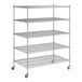 A Regency chrome wire shelving unit with wheels and five shelves.