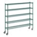 A Regency green metal wire shelving starter kit on wheels with 5 shelves.