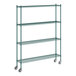 A green metal Regency wire shelving unit with wheels.