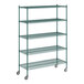 A green metal Regency wire shelving unit on wheels.