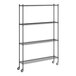 A Regency black metal wire shelving unit with wheels.