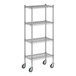 A Regency chrome wire shelving unit with wheels.