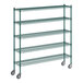 A Regency green metal wire shelving starter kit with wheels.