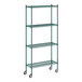 A Regency green wire shelving unit on wheels.