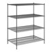 A Regency black wire shelving unit with four shelves.