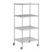 A Regency chrome mobile wire shelving unit with 4 shelves and wheels.