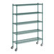 A green metal Regency wire shelving unit with wheels.