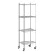 A Regency stainless steel wire shelving unit with wheels.