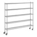 A Regency chrome mobile wire shelving unit with 5 shelves and wheels.