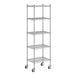 A white wireframe of a Regency chrome mobile wire shelving unit with five shelves.