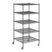 A Regency black wire shelving unit with wheels and five shelves.