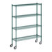 A Regency green metal wire shelving unit on wheels.