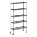 A Regency black wire shelving unit with wheels.
