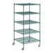 A Regency green wire shelving unit with wheels.