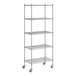 A white wireframe of a Regency chrome mobile shelving unit with five shelves.