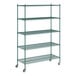 A green metal Regency wire shelving unit with wheels.