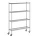 A Regency stainless steel wire shelving unit with wheels.