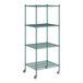 A Regency green wire shelving unit with wheels.