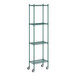 A green metal Regency wire shelving unit with wheels.