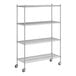 A white wireframe of a Regency chrome mobile shelving unit with wheels.