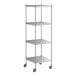 A Regency stainless steel shelving unit with wheels.