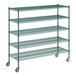 A green metal Regency wire shelving unit with five shelves.