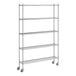 A Regency chrome wire shelving unit with wheels.