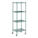 A green metal wire shelving unit with wheels.