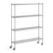 A Regency stainless steel wire shelving unit on wheels.