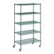 A green metal Regency wire shelving unit with wheels.