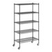 A Regency black wire shelving unit with wheels.