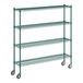 A green metal Regency wire shelving unit with wheels.