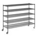 A Regency black metal wire shelving unit with wheels.