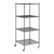 A Regency black wire shelving unit with wheels.