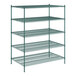 A green metal wire shelving unit with four shelves.