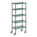 A Regency green wire shelving unit with wheels.