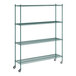 A green metal Regency wire shelving unit with wheels.