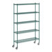 A green metal Regency wire shelving unit with wheels.