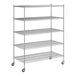 A Regency chrome wire shelving unit with wheels.