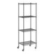 A Regency black wire shelving unit with wheels.