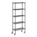 A Regency black wire shelving unit with wheels.