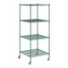 A Regency green wire shelving unit with wheels.