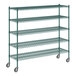 A Regency green metal wire shelving starter kit with wheels.