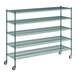 A green metal wire shelving unit with five shelves.