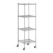 A Regency stainless steel wire shelving unit with wheels.