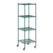 A Regency green wire shelving unit with wheels.