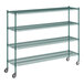 A green metal Regency wire shelving unit with wheels.